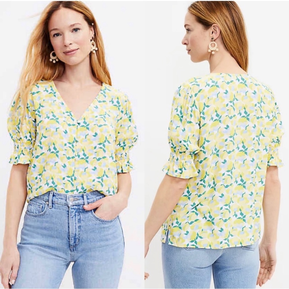Loft Floral Print V-Neck Puff Sleeve Blouse Size S